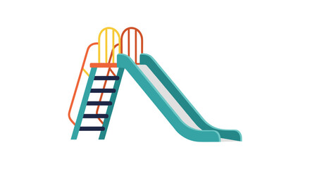 A vibrant children's playground slide with orange railings and teal sliding surface.