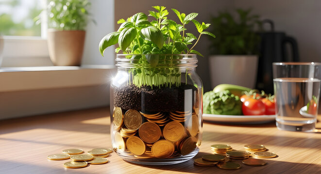 Plant growing in a jar with gold coins symbolizing financial growth and investment on a wooden countertop - Powered by Adobe