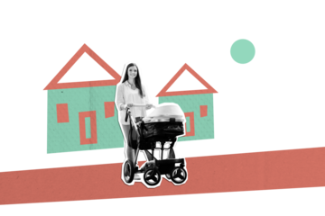 Composite photo collage of happy girl carry new born baby carriage walk home property outdoor walk foster isolated on painted background