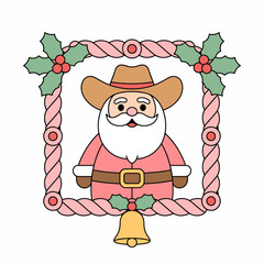 Cowboy Santa Claus In Festive Christmas Frame With Holly And Bell Illustration