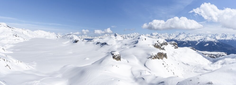 Mountain landscape with snow, view from the summit Wisshore to the glacier Glacier de la Plaine Morte and to the Pointe de la Plaine Morte, Bernese Alps, Switzerland