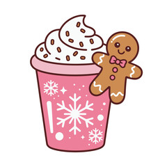 Cute Gingerbread Cookie with Christmas Hot Chocolate Illustration