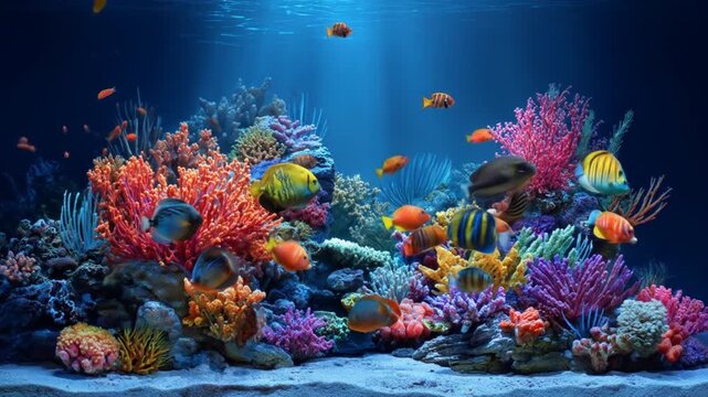 Colorful coral reef scene with diverse fish swimming underwater