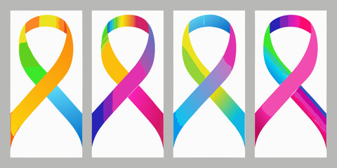 Four colorful awareness ribbons with a watercolor effect on a white background