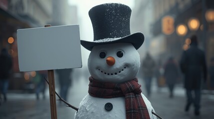 A Cheerful Snowman Wearing a Top Hat and Scarf Holds a Blank Sign in a Busy City Street During a Snowy Day