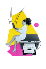 Vertical photo collage of happy girl doctor type laptop device sit printer tool scan insurance consultation isolated on painted background