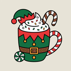 Cute Christmas Elf Mug with Whipped Cream and Candy Cane Illustration