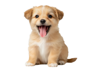 Puppy isolated, little dog, happy smiling pet puppy sitting on the ground looking front, cute puppy portrait, isolated on a transparent background, professional pet photography