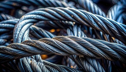 Fototapeta premium Close Up of Tightly Wound Steel Cables with Blue and Orange Hues and Subtle Sparkles