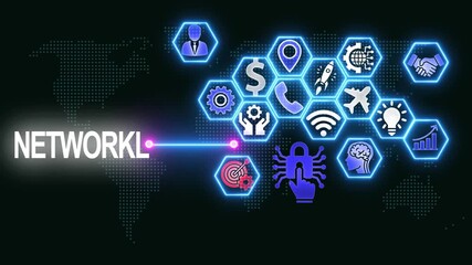 Animated digital network connection with hexagons and world map background - Powered by Adobe
