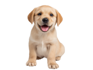Puppy isolated, little dog, happy smiling pet puppy sitting on the ground looking front, cute puppy portrait, isolated on a transparent background, professional pet photography