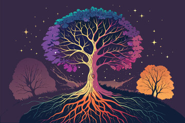 A vibrant tree with glowing roots under a starry night sky.