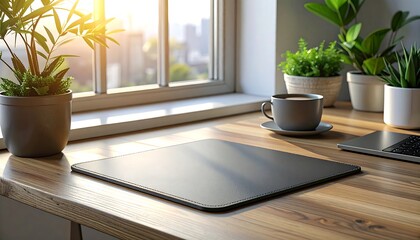 A sunlit desktop workspace with plants, a coffee cup, a laptop, and a blank surface for work or display, framed by a window overlooking a city