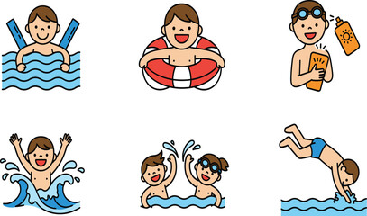 Cheerful Kids Swimming and Diving Cartoon Vector Icons Set with Life Ring and Sunscreen Protection.