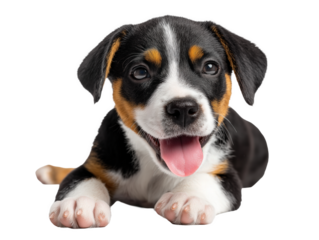 Puppy isolated, little dog, happy smiling pet puppy sitting on the ground looking front, cute puppy portrait, isolated on a transparent background, professional pet photography