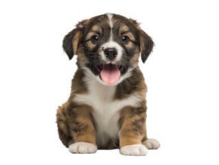 Puppy isolated, little dog, happy smiling pet puppy sitting on the ground looking front, cute puppy portrait, isolated on a transparent background, professional pet photography