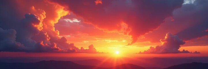 Obraz premium Vast sunset sky panorama, fiery clouds ablaze, formation, ambient, aerial