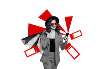 Composite photo collage of happy girl hold phone online order black friday packages discount coupon sale isolated on painted background