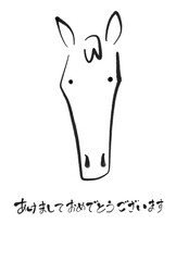 馬の正面の顔の手描き年賀状　2026 正月素材・墨絵・モノクロ