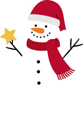 Winter traditional snowman illustration.
Classic Christmas snowman character flat vector clipart isolated.
Snowman holding a star.
Transparent background. SVG.