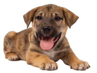 Puppy isolated, little dog, happy smiling pet puppy sitting on the ground looking front, cute puppy portrait, isolated on a transparent background, professional pet photography
