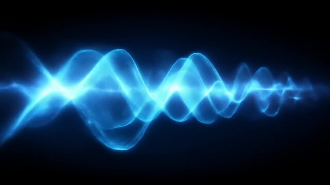 Abstract graphic design featuring swirling, bright blue wave patterns against a dark background.