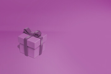 purple gift box 3D illustration with dark purple ribbon on purple background