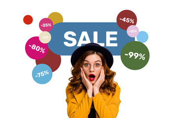 Composite photo collage of astonished pretty glamour girl wear suit hat glasses sale low price...