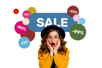 Composite photo collage of astonished pretty glamour girl wear suit hat glasses sale low price offer discount isolated on painted background