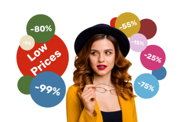 Composite photo collage of pretty fashion girl hold glasses wear formal suit hat glamour black friday sale isolated on painted background