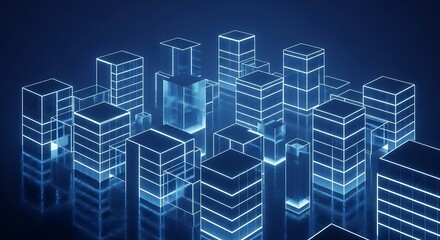 Abstract futuristic city skyline with glowing wireframe buildings for digital urban development concept