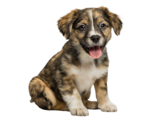 Puppy isolated, little dog, happy smiling pet puppy sitting on the ground looking front, cute puppy portrait, isolated on a transparent background, professional pet photography