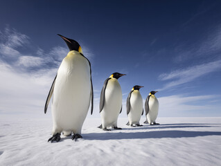 Fototapeta premium Emperor Penguins on Snow – Majestic Group in Antarctic Landscape, Blue Sky