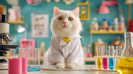 The cute cat wears a white lab coat and sits on a laboratory table surrounded by colorful test tubes and microscopes.