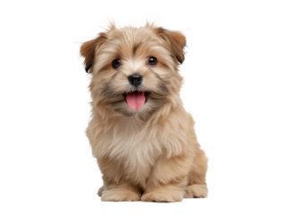 Puppy isolated, little dog, happy smiling pet puppy sitting on the ground looking front, cute puppy portrait, isolated on a transparent background, professional pet photography