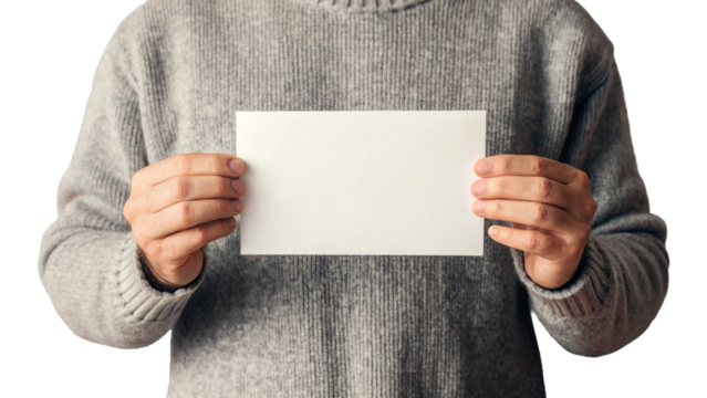 businessman holding blank card for mockup isolated on transparent background