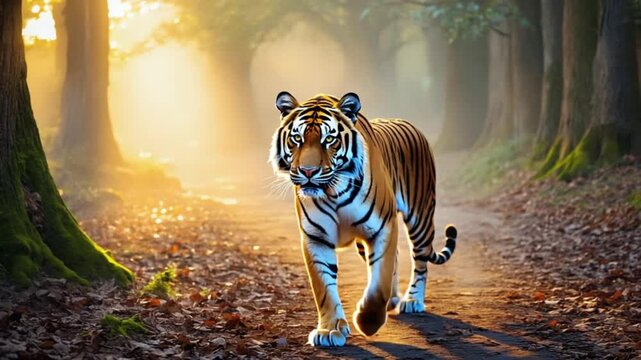 A tiger walking on a path in a forest with sun shining through the trees in the background tiger video