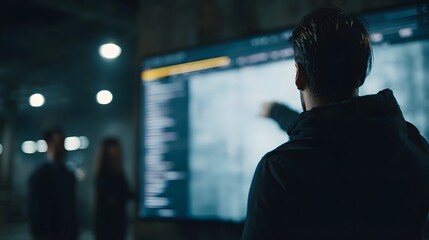 Man pointing at a large digital screen displaying data in a modern dimly lit setting
