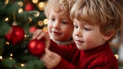 With smiles on their faces, two children joyfully hang shiny red ornaments on a beautifully lit Christmas tree. The cozy atmosphere captures the spirit of the holiday season