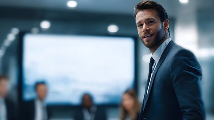 A confident businessman smiles in a modern office meeting room with colleagues in the background