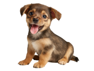 Puppy isolated, little dog, happy smiling pet puppy sitting on the ground looking front, cute puppy portrait, isolated on a transparent background, professional pet photography
