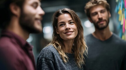 Fototapeta premium A diverse team collaborates and discusses ideas in a bright modern creative studio environment