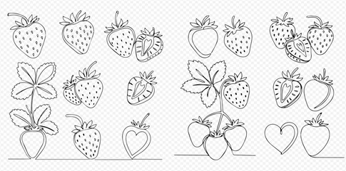 Continuous line art illustrations of strawberries in various forms, including whole, halved, on plants with leaves, and heart-shaped designs.