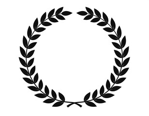 A symmetrical, black, laurel wreath made from leaves on a white background. The leaves face outwards and are neatly arranged
