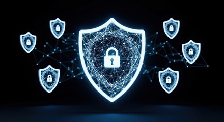 Floating cybersecurity shield icons with data lock and network mesh, glowing holographic blue-white light, solid black background, D futuristic protection interface, tech-grade lighting reflection