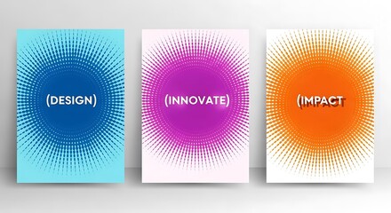 Halftone dot pattern posters for design, innovate, and impact concepts in various colors