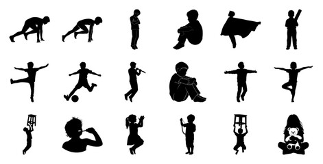 Children silhouettes diverse activities running playing