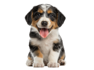 Puppy isolated, little dog, happy smiling pet puppy sitting on the ground looking front, cute puppy portrait, isolated on a transparent background, professional pet photography