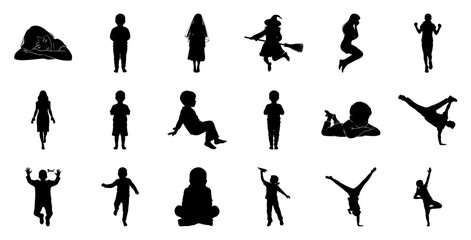 Children silhouettes diverse poses actions sleeping