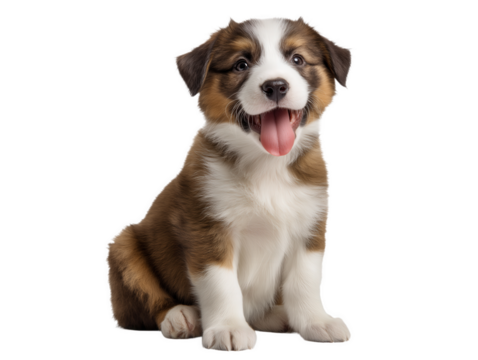Puppy isolated, little dog, happy smiling pet puppy sitting on the ground looking front, cute puppy portrait, isolated on a transparent background, professional pet photography